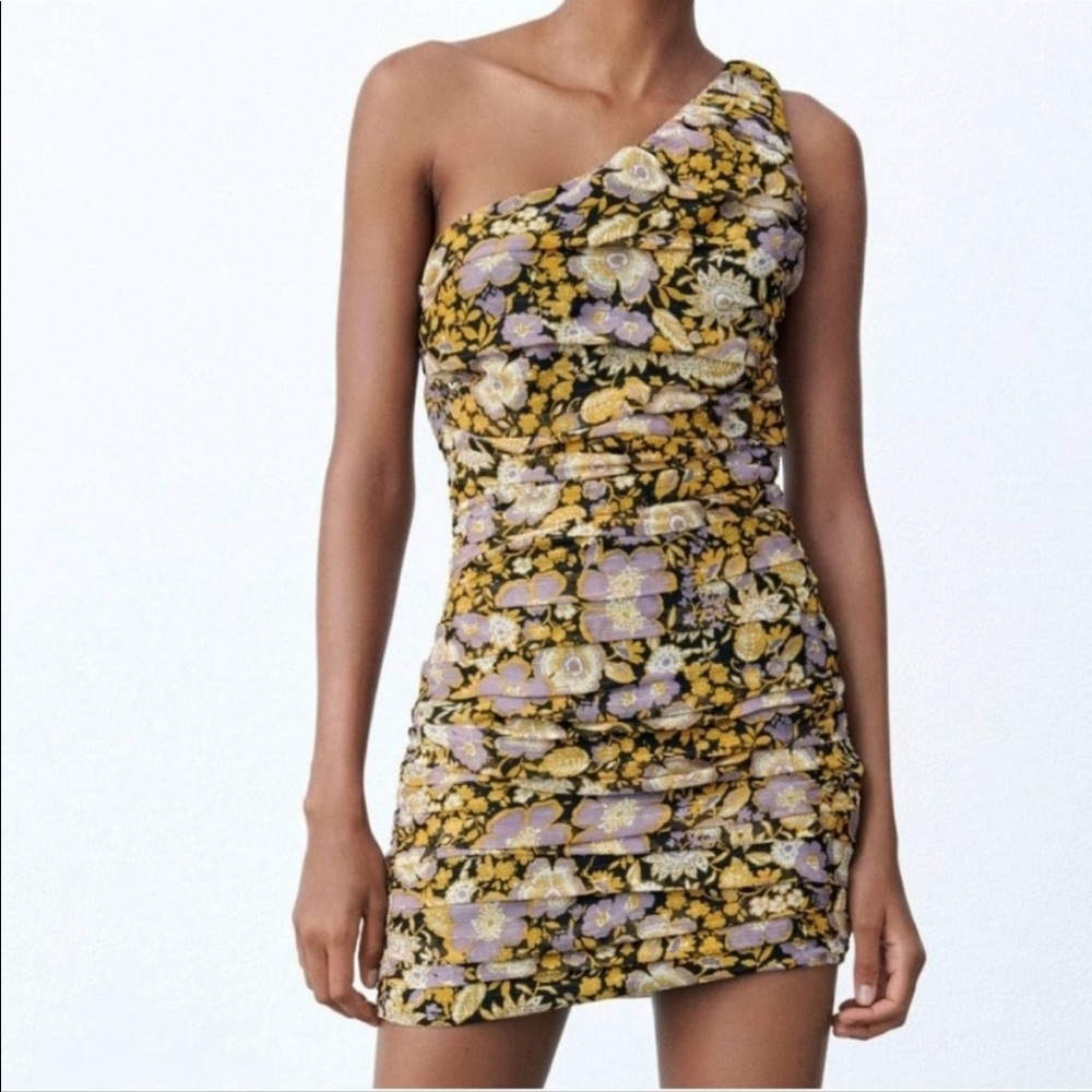 Zara Floral One Shoulder Tiered Dress Size Small
